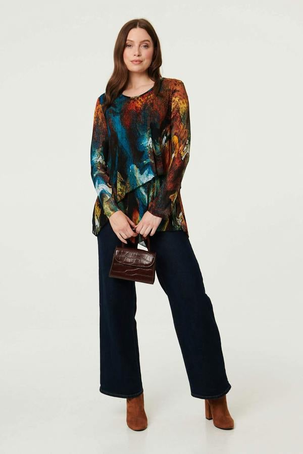 Red | Abstract Asymmetric Long Sleeve Blouse