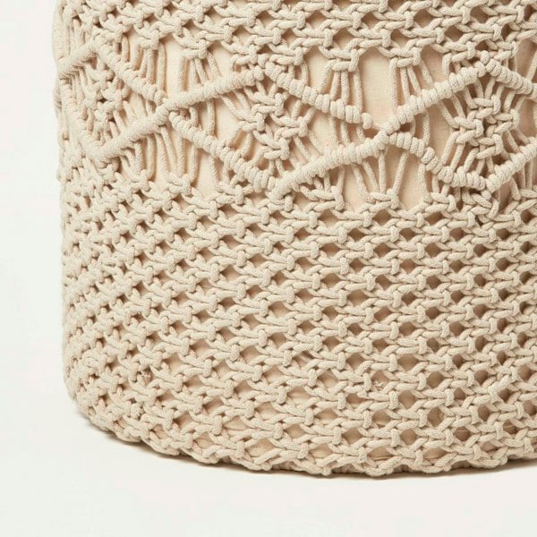 HOMESCAPES Astrid Natural Macrame Pouffe - 42 cm Tall