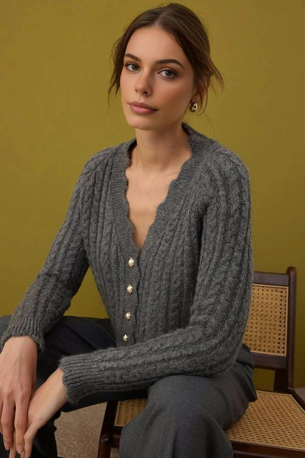 WOVCOR Soft Textured Crop Knit Cardigan with Pearl Button Details