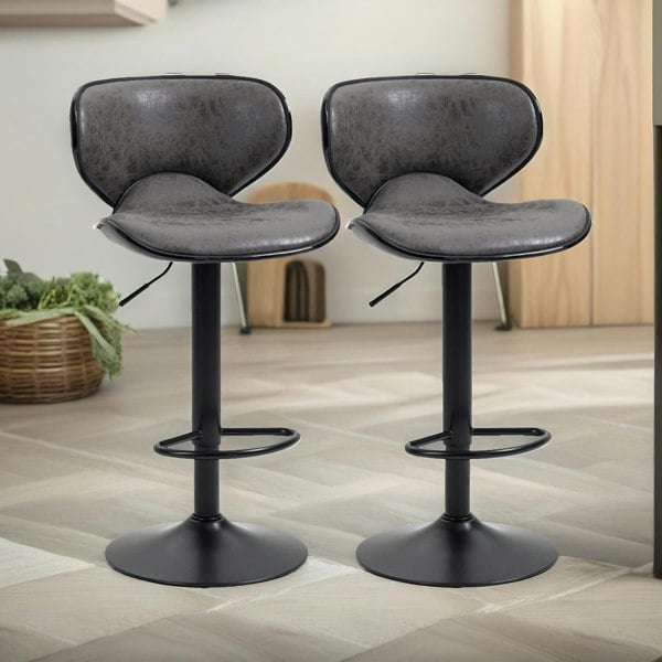 Rafaelo Mobilia Set Of 2 Height Adjustable 360 PU Leather Swivel Bar Stools Dark Grey