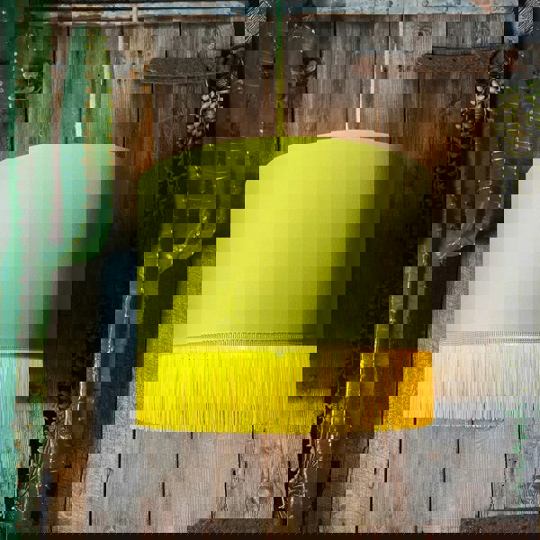 Love Frankie banana cotton lampshade copper lining and fringing light on