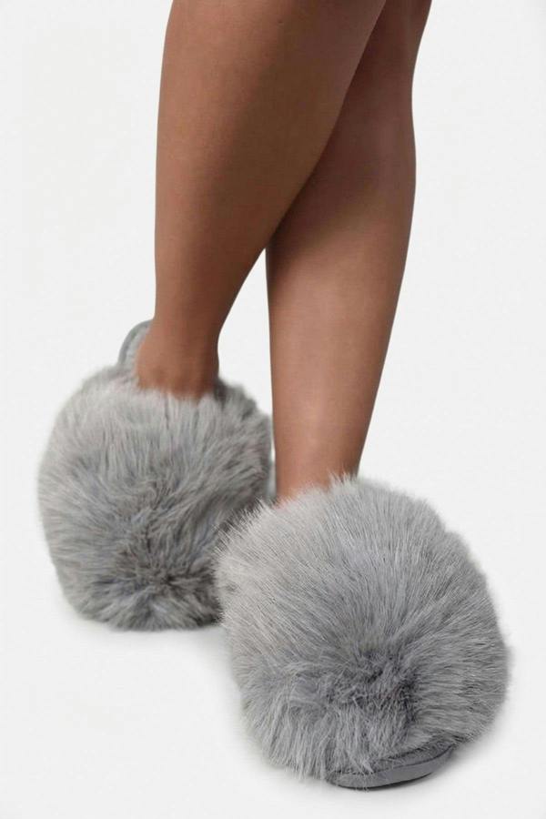 Nadia Fluffy Faux Fur Slippers - Grey_wb