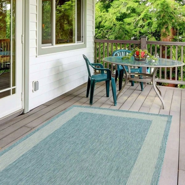 Bordered Design Outdoor Rug for Garden in Aqua | The Rugs