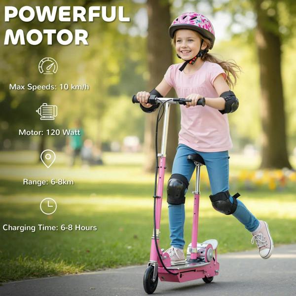 Pink electric scooter with padded seat and front motor housing