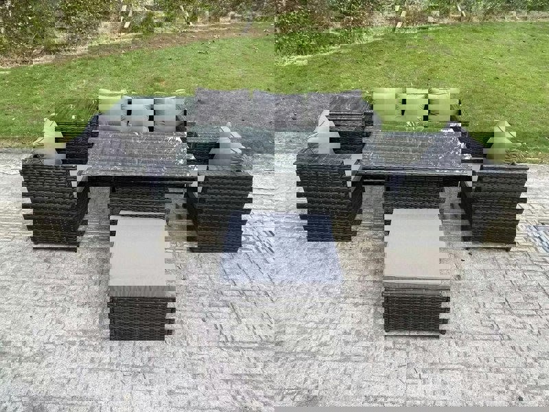 Fimous Outdoor Rattan Garden Furniture Sofa Set Adjustable Rising Lifting Dining Table Set with Side Table 2 Armchairs Big Footstool Dark Grey Mixed