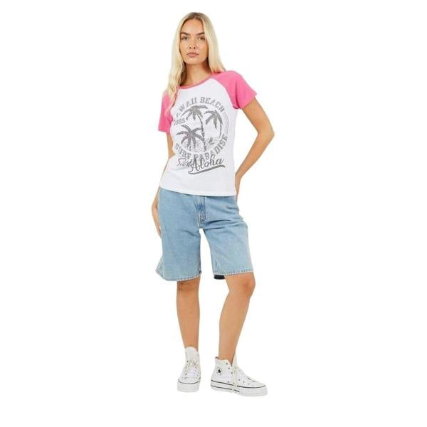 Brave Soul Womens/Ladies Lettering Contrast Sleeves T-Shirt - White/Coral - 