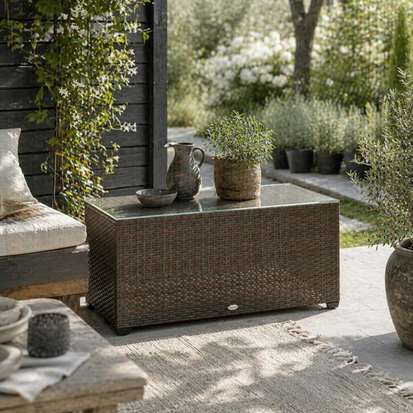 Wyld Haus Pata Rattan Brown Rattan Outdoor Coffee Table Glass Top