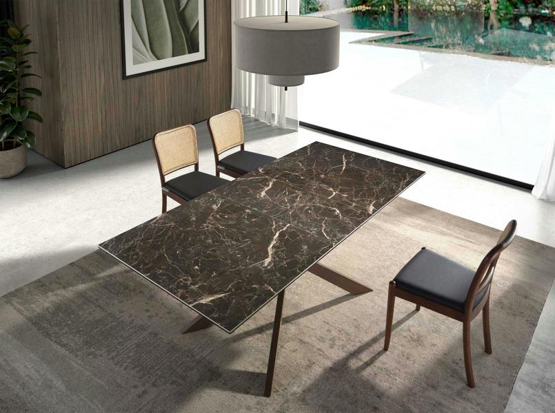 Angel Cerdá Rectangular porcelain marble and walnut effect steel extending dining table 1121