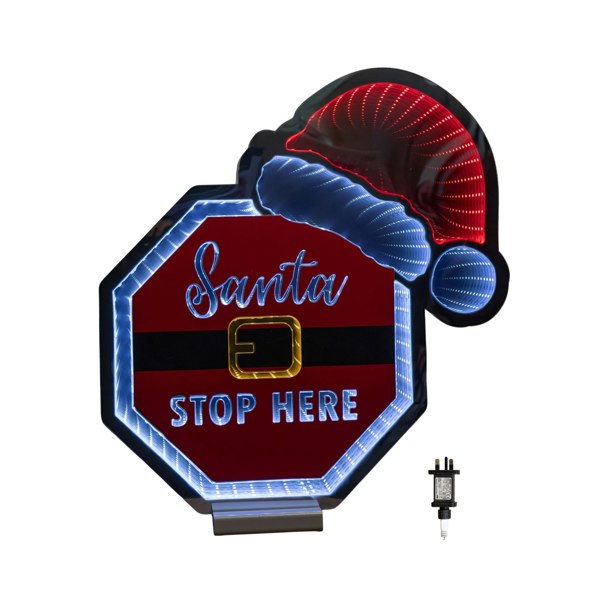 Samuel Alexander 40cm Light up Christmas Santa Stop Here Sign with Hat Infinity Decoration & LEDs