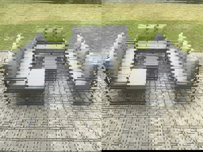 Fimous Aluminium 10 Seater Outdoor Garden Furniture Set Patio Lounge Sofa with Square Coffee Table Big Footstool Conservatory Set Dark Grey