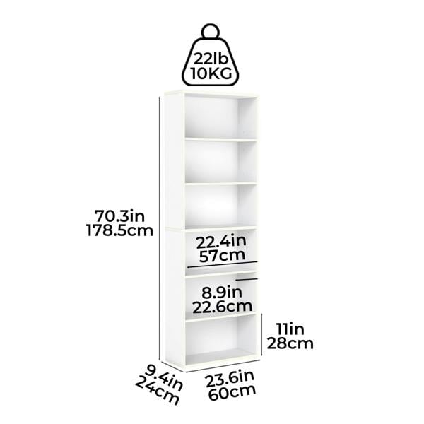 Levede Slim 6 Tier Bookshelf Narrow Bookcase  Storage Shelf Organizer Unit White