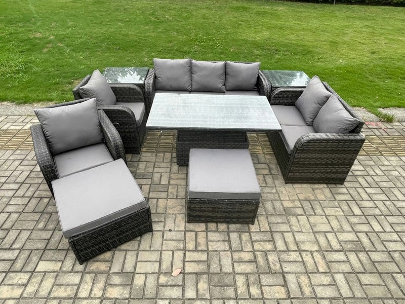 Fimous Outdoor Rattan 9-Seater Dining & Lounge Set | Adjustable Rising Table, Reclining Sofa & Chairs, 2 Side Tables, 2 Footstools