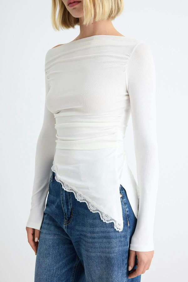 WOVCOR Fitted Boat Neck Long Sleeve Lace Detail Ribbed Blouse