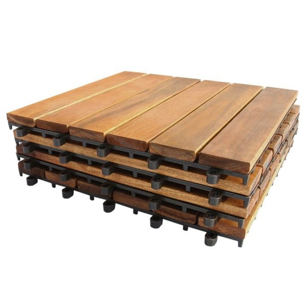 Wooden decking tiles in rich brown tones, featuring smooth surfaces and interlocking edges, ideal for outdoor flooring solutions