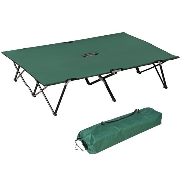 Green double camping cot with folding legs and included storage bag