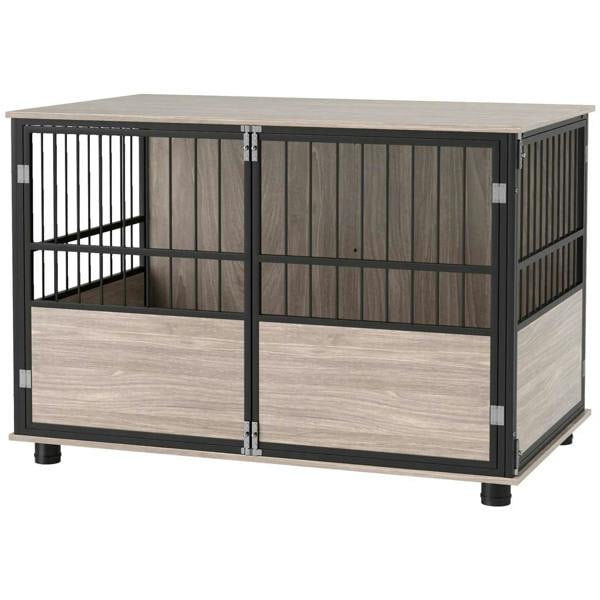 Brown wood dog crate end table with black metal bars and double front doors.