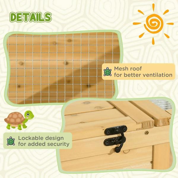 Small wooden reptile hideout with mesh roof panels and lockable side door in yellow.