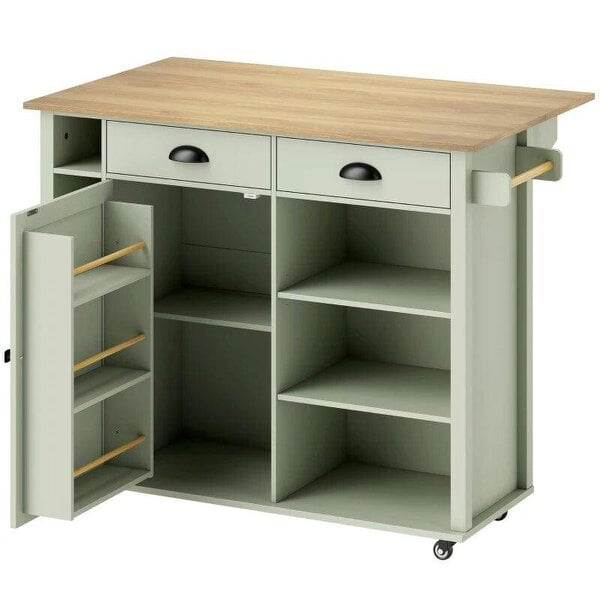 Bobobiy Kitchen Island with Drop Leaf Tabletop Kitchen Island on Wheels Storage Cabinet Shelf Trolley Light Green