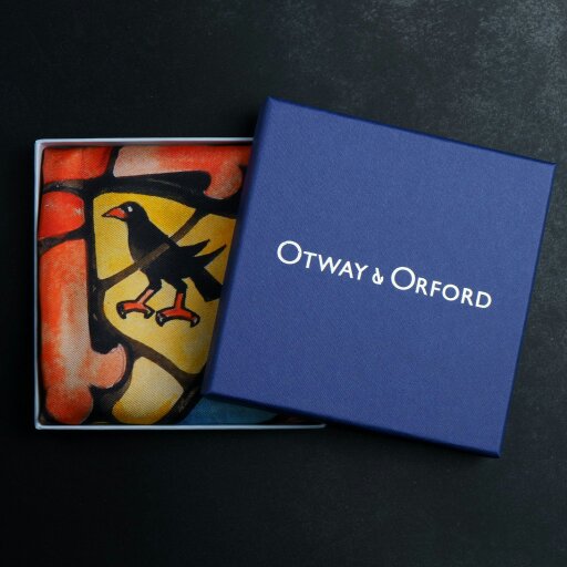 Otway & Orford 'Floreat Aula' Oxford College crest silk pocket square in gold, red & blue (42 x 42cm)