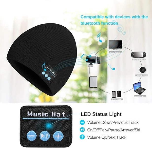 Dyzi Beanie Hat With Bluetooth Speaker Headphones Rechargeable Black