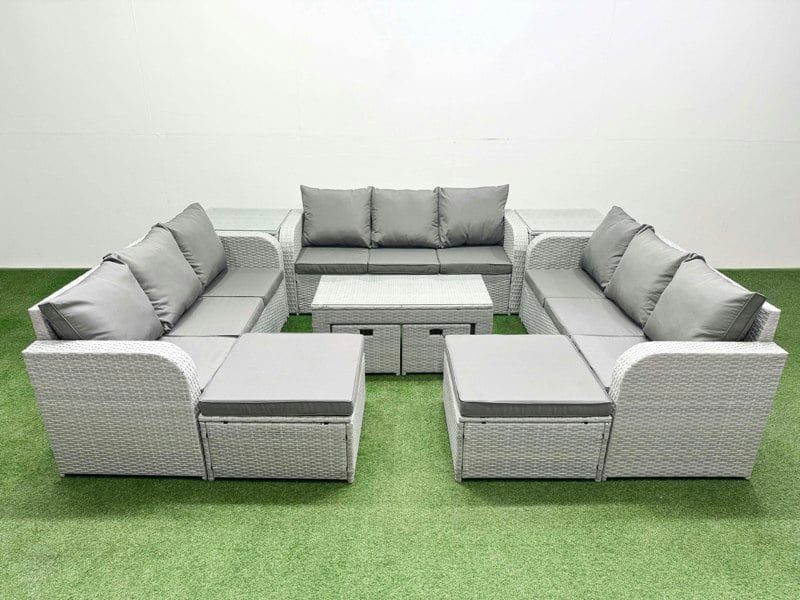 Fimous Outdoor Garden Furniture Set PE Rattan 3 Seater Sofa Set with Oblong Coffee Table 4 Footstools 2 Side Tables Light Grey