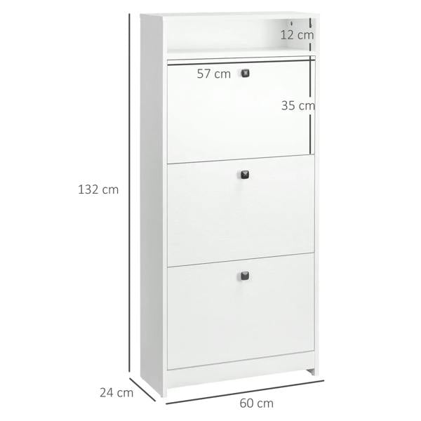 White narrow shoe cabinet size 60 x 24 x 132 cm, three flip-door compartments