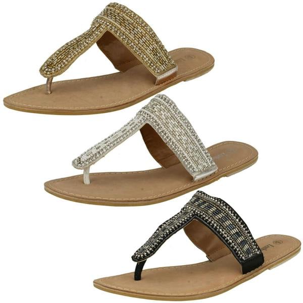Spot On Ladies Spot On Leather Collection Beaded Toe Post Sandals