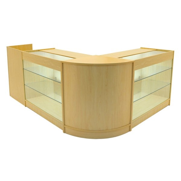 Maple Aries LED Shop Counter Set featuring a sleek, curved design with glass display shelves, ideal for showcasing products