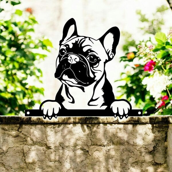 EDH Door Hardware Metal Frenchie Peeking Dog Silhouette – 28cm x 32cm | Decorative Metal French Bulldog Art for Home & Garden Décor