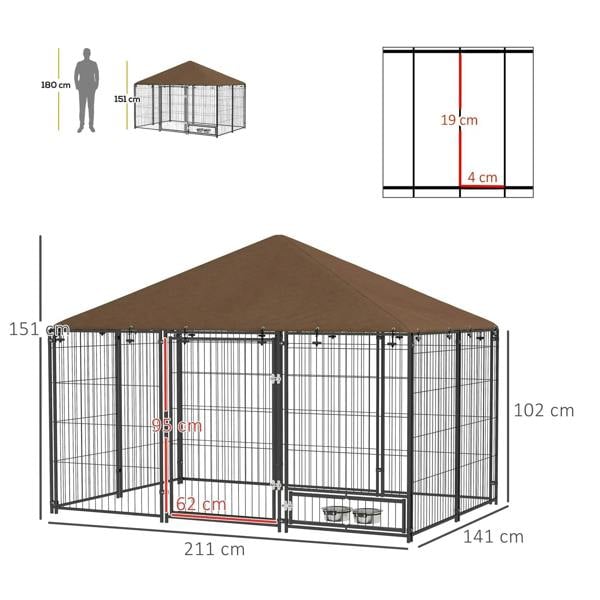 Outdoor dog playpen kennel with brown canopy, wire panels, size diagram and door
