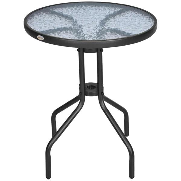 Black outdoor bistro coffee table with round tempered glass top and metal tripod base.