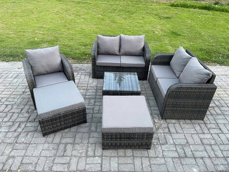 Fimous 7-Seater High Back Rattan Garden Furniture Set - Dark Grey Mixed Indoor/Outdoor Patio Lounge Sofa with Square Coffee Table & 2 Big Footstools