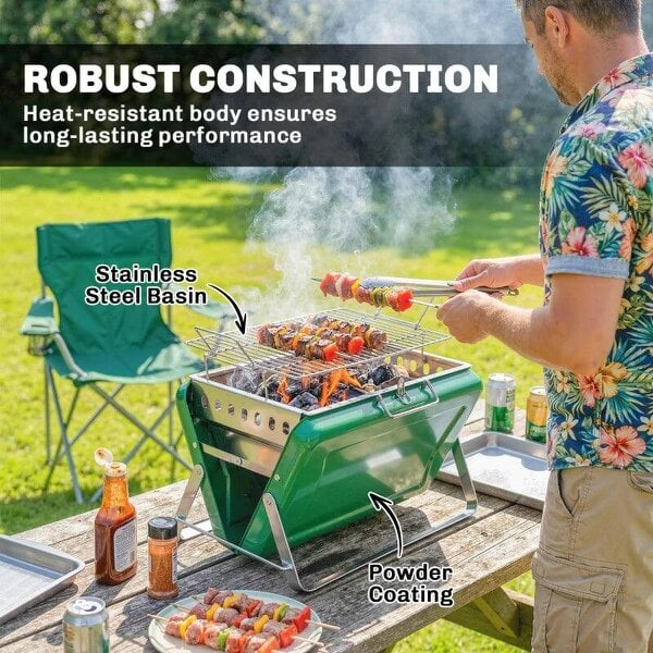 Bobobiy Charcoal BBQ Grill Portable Stainless Steel Barbecue with Tilting Grate for Camping Picnic Garden Dark Green