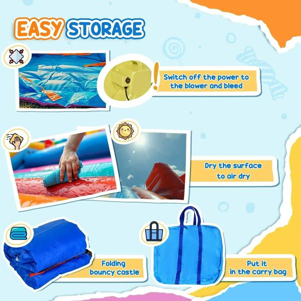 Inflatable bounce castle storage and carry bag design with blower parts shown