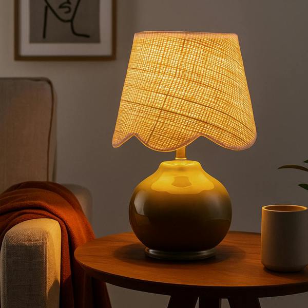 GREEN CERAMIC TABLE LAMP WITH SCALLOP CANE SHADE