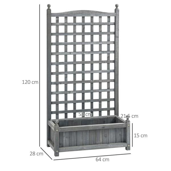 Grey wooden planter bed with trellis, front height and width dimensions shown