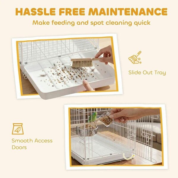 Bird Cage Foldable Portable Budgie Cage with Wooden Perch 2 Bowls for Travel 49 x 31 x 40 cm White