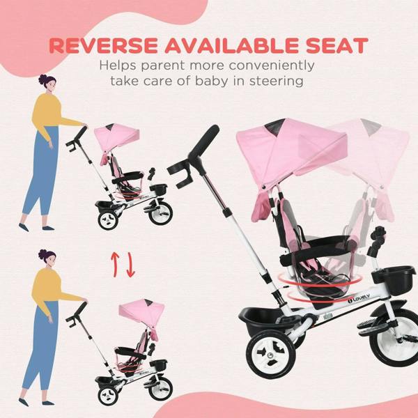 Pink baby tricycle stroller with reverse seat configuration, canopy and tray visible