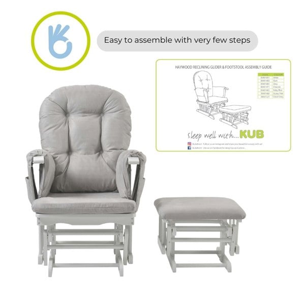 Kub Haywood Reclining Nursing Chair and Footstool - White Wood and Grey Cushions