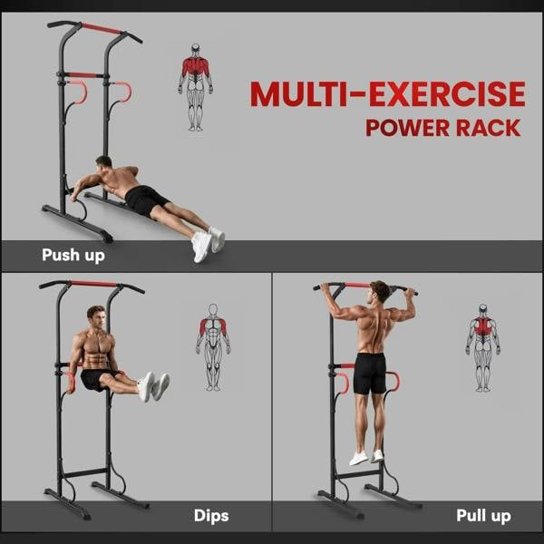 Multi-exercise power rack station with overhead bar and red grips for push-up and dip moves
