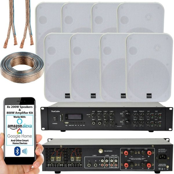 800W Bluetooth Sound System 8x 200W White Wall Speaker 4 Zone Matrix Amplifier