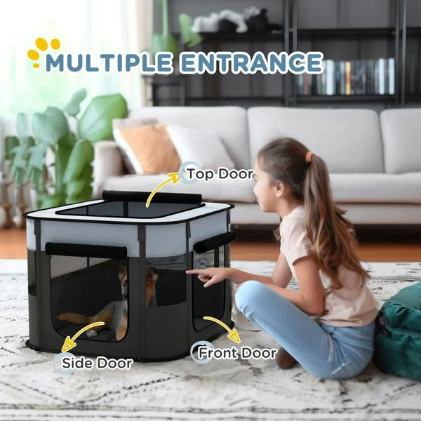 Foldable dog pen with top opening and front and side mesh doors, grey and black