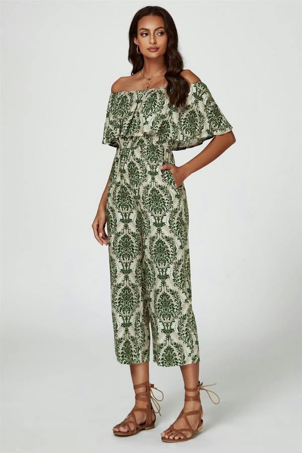 FS Collection Off The Shoulder Print Frill Jumpsuit In Green
