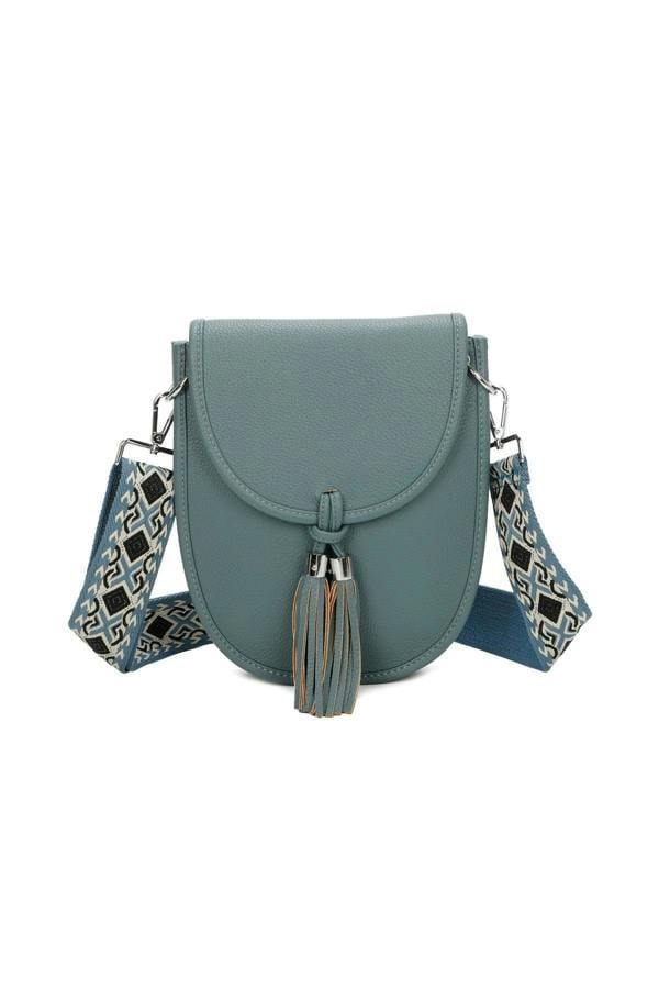 Zemira Flap Over Crossbody Bag With Tassel And Printed Strap - Blue