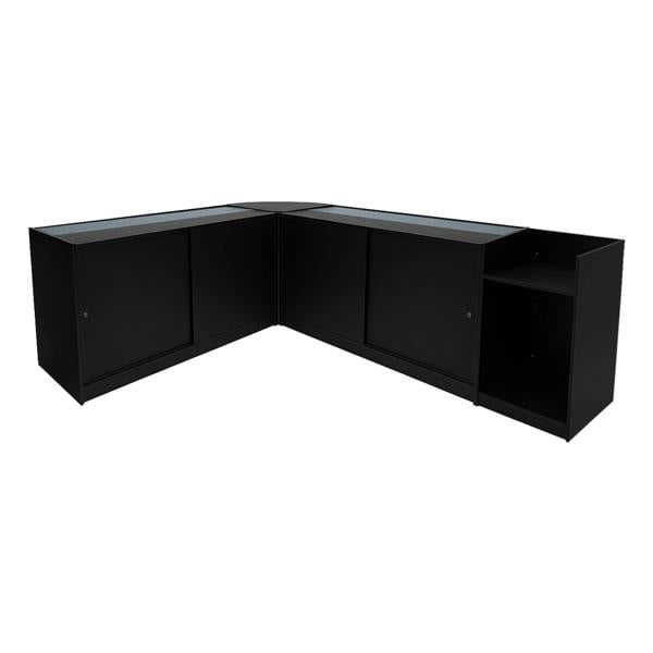 Black Phoenix LED Shop Counter Set featuring sleek design, glass display tops, and ample storage space for retail use