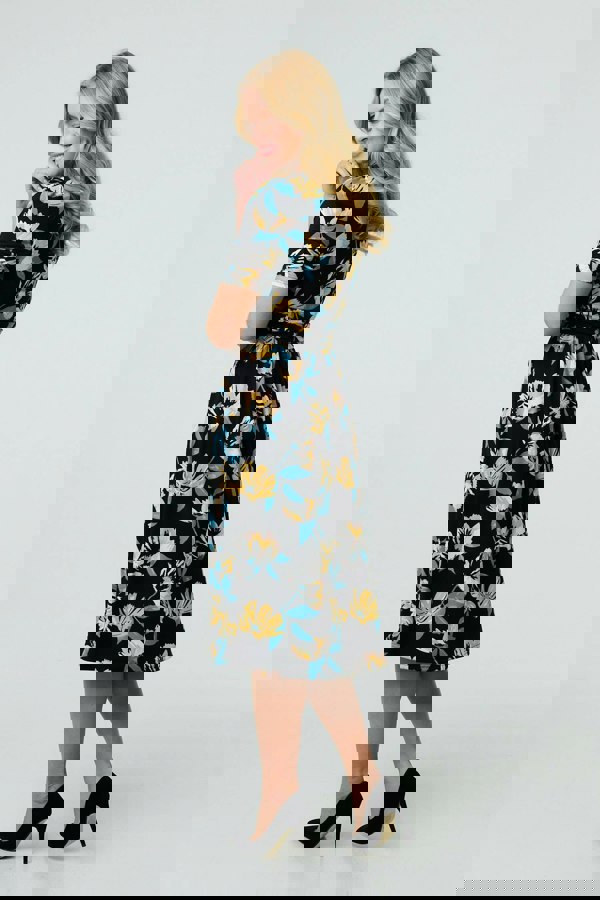 Black | Floral Short Sleeve Faux Wrap Midi Dress
