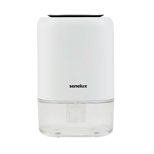 A picture of the Senelux Q4 Dehumidifier without the LED lights on with the clear plastic water tank at the bottom