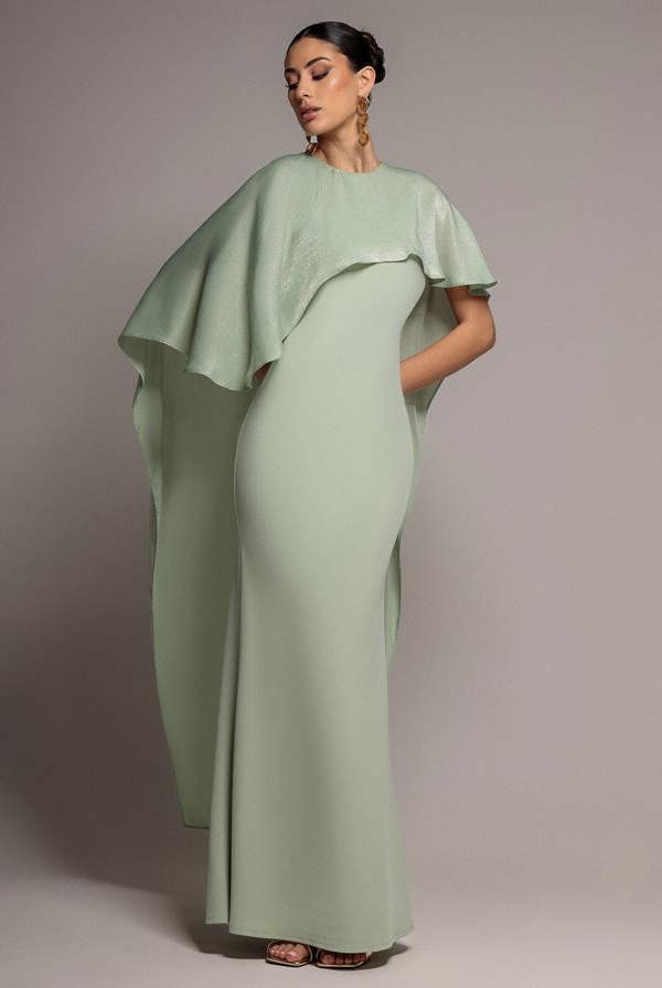 Goddiva Scoop Neck Velvet Satin Cape Sleeve Maxi Dress - Sage Green DR5074