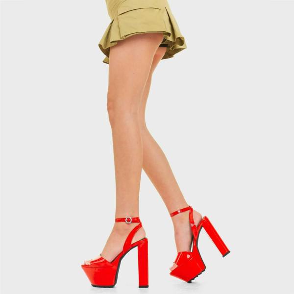 Lamoda Not Over Yet Red Patent Platform Sandals Trendy Chunky Summer Fashion
