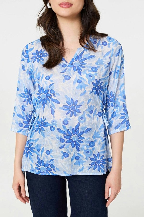 Blue | Floral 3/4 Sleeve Tie Detail Blouse
